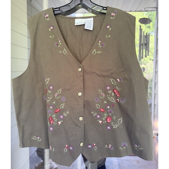 Bobbie Brooks Vintage Vest XL Olive Green Floral Embroidered Cottagecore Cotton - Picture 7 of 12